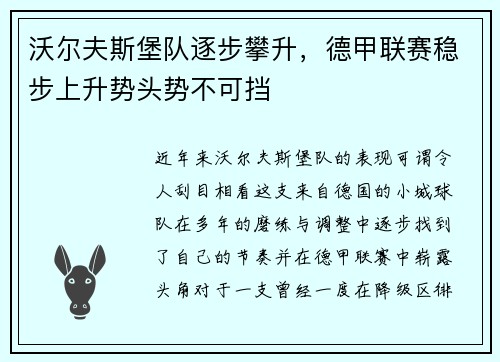 沃尔夫斯堡队逐步攀升，德甲联赛稳步上升势头势不可挡